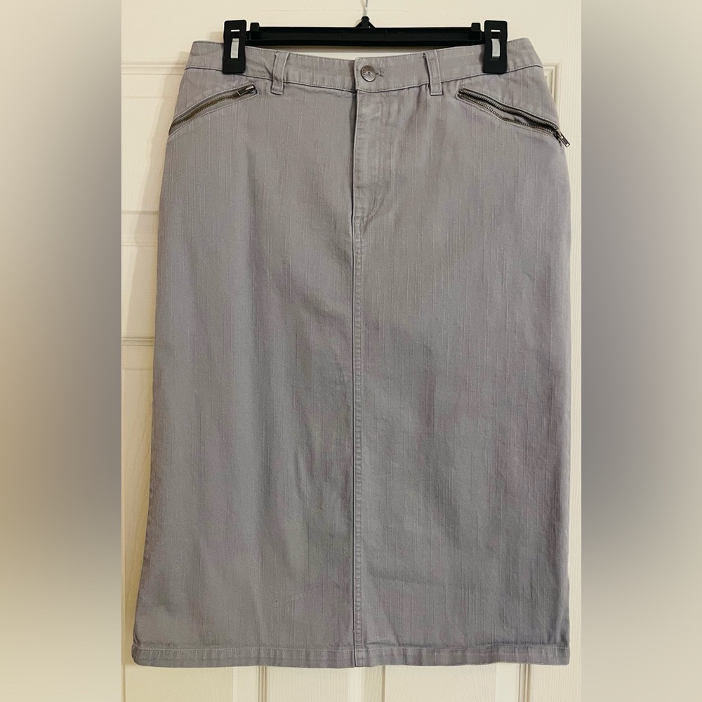 Silver, denim Christopher & Banks skirt with front zipper and two pockets
